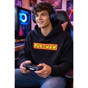 Pac-Man Mens Black Graphic Hoodie‎ Retro Arcade Game Over Pullover Large